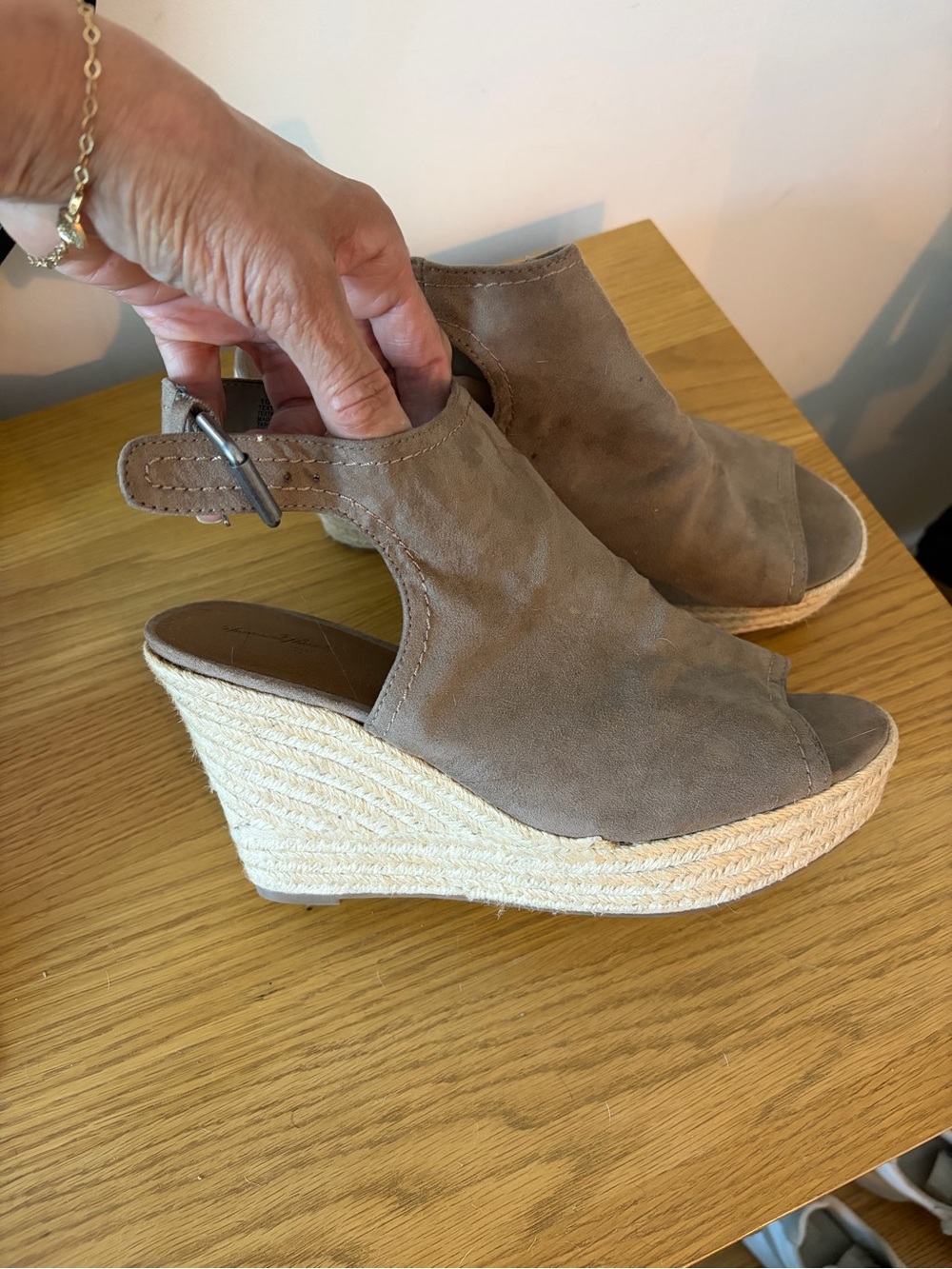 Womens Taupe Suede Espadrille Wedge Sandals